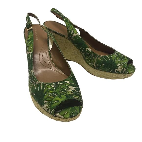 Tahari Taylor Raffia Wedge Sandals tropical palm frond peep toe WOMEN’S SIZE 11 - Picture 1 of 11